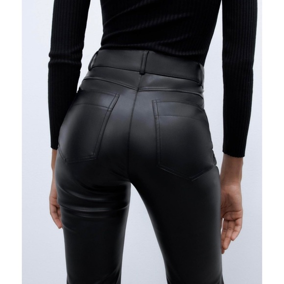 Zara Faux Leather Flare Pants with Zipper at hem in Black Size Medium - Picture 2 of 12